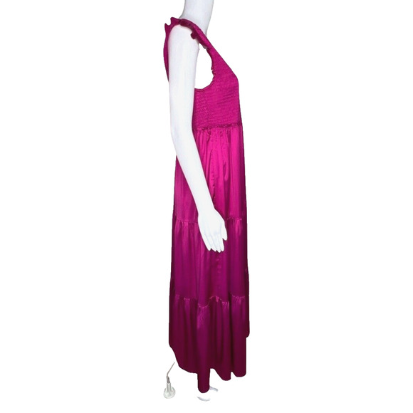 Natural Life Dress Womens Medium Pink Satin Olivia Smocked Maxi Peasant Bohemian - Picture 2 of 7